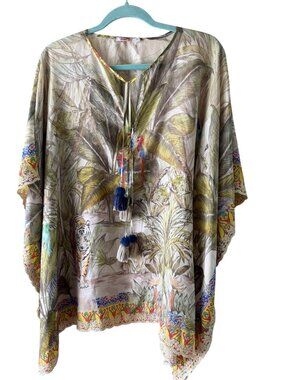 Johnny Was Womens Embroidered Jungle Print Poncho Top One Size Silk Relaxed